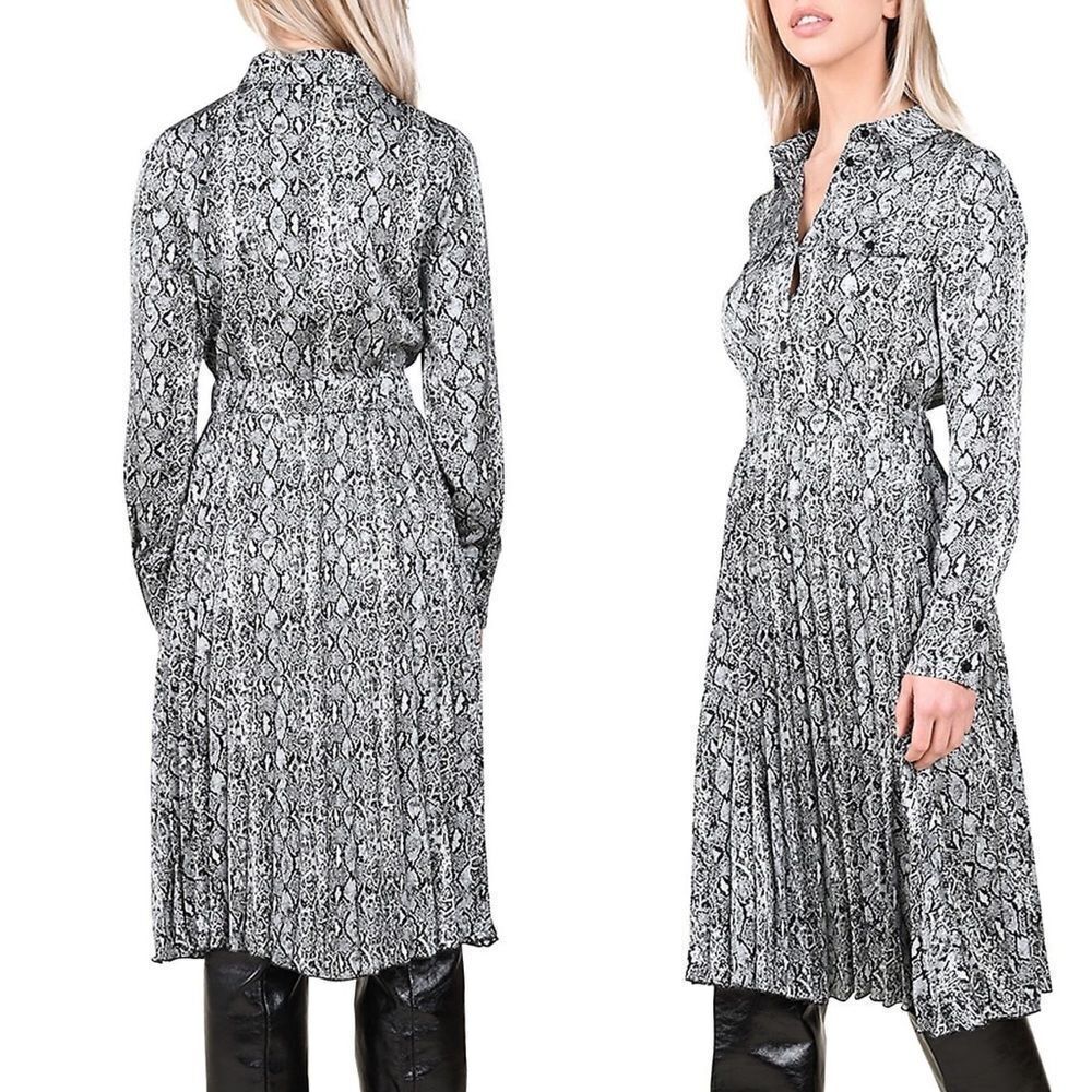 MOLLY BRACKEN Snake Print Long Sleeve Midi Shirt Dress Pleated Black Gray L